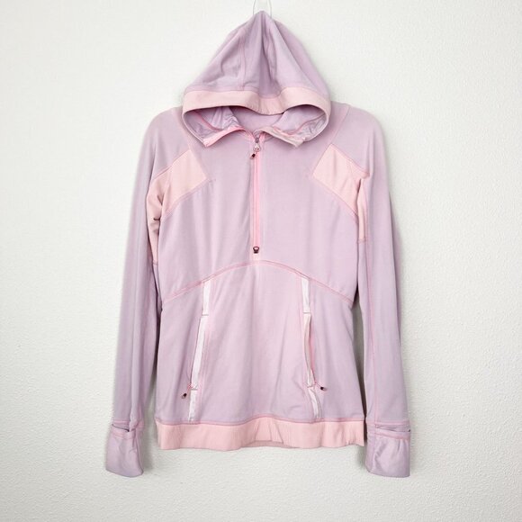 Lululemon Light Pink Coral Hooded Quarter Zip Running Pullover Athletic Womens 8 - Picture 1 of 11